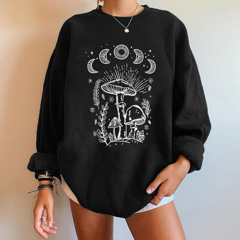 Women's off-the-shoulder long-sleeved sweatshirt mysterious printed fleece top_voghion.com