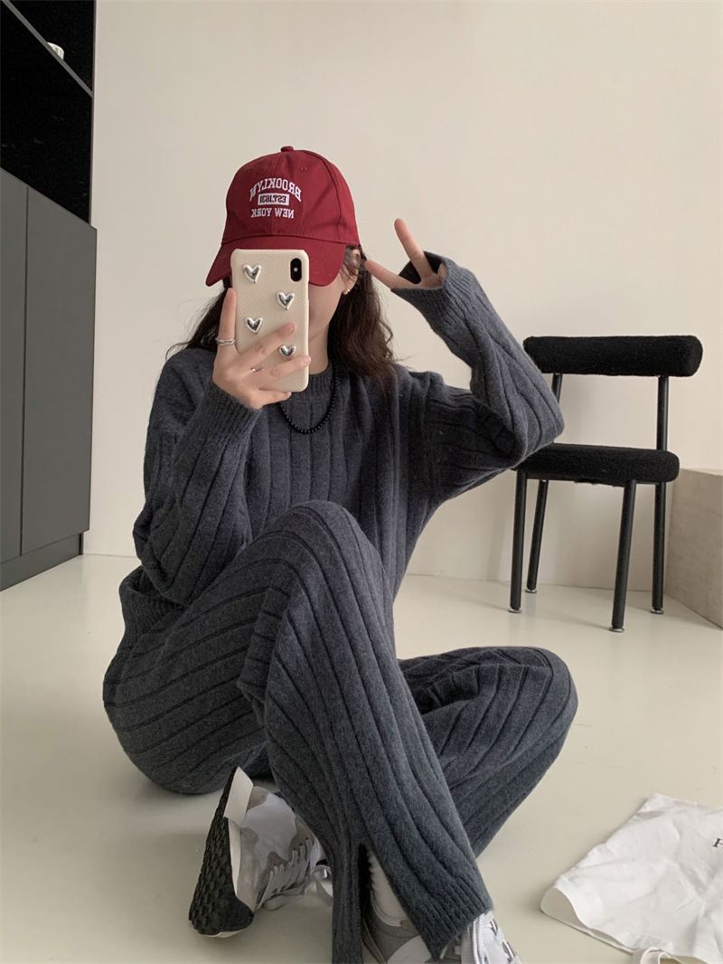 Plus Size Knit Sweater & Wide Leg Pants Set - Soft Ribbed Pullover & Flowy Lounge Trousers, Oversized Comfort Outfit For Women_voghion.com