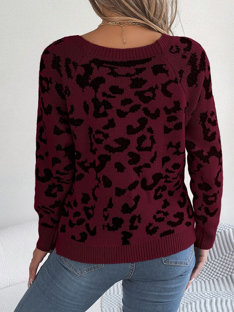 Maglione a maniche lunghe con stampa leopardata, a contrasto, con scollo quadrato, bottoni, casual, autunno e inverno 2024, abbigliamento da donna_voghion.com