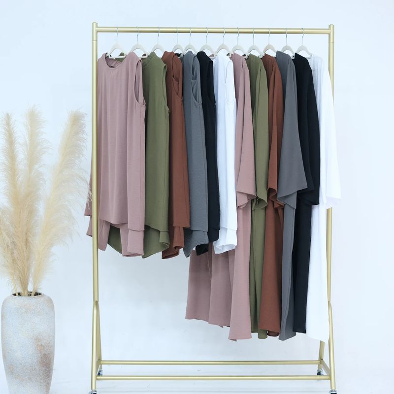 Schlichtes 3-teiliges Abaya-Set – Langärmlige Strickjacke mit offener Vorderseite, Hose mit weitem Bein und Unterkleid (Dunkelbraun/Beige/Marineblau/Schwarz/Grün/Pink)_voghion.com