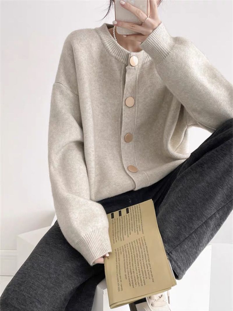 Elegant Single-Button Knit Cardigan For Women – Oversized Boho Chic Cropped Sweater Coat In Soft Round Neck (Coffee Brown, Beige, Oatmeal, Red)_voghion.com