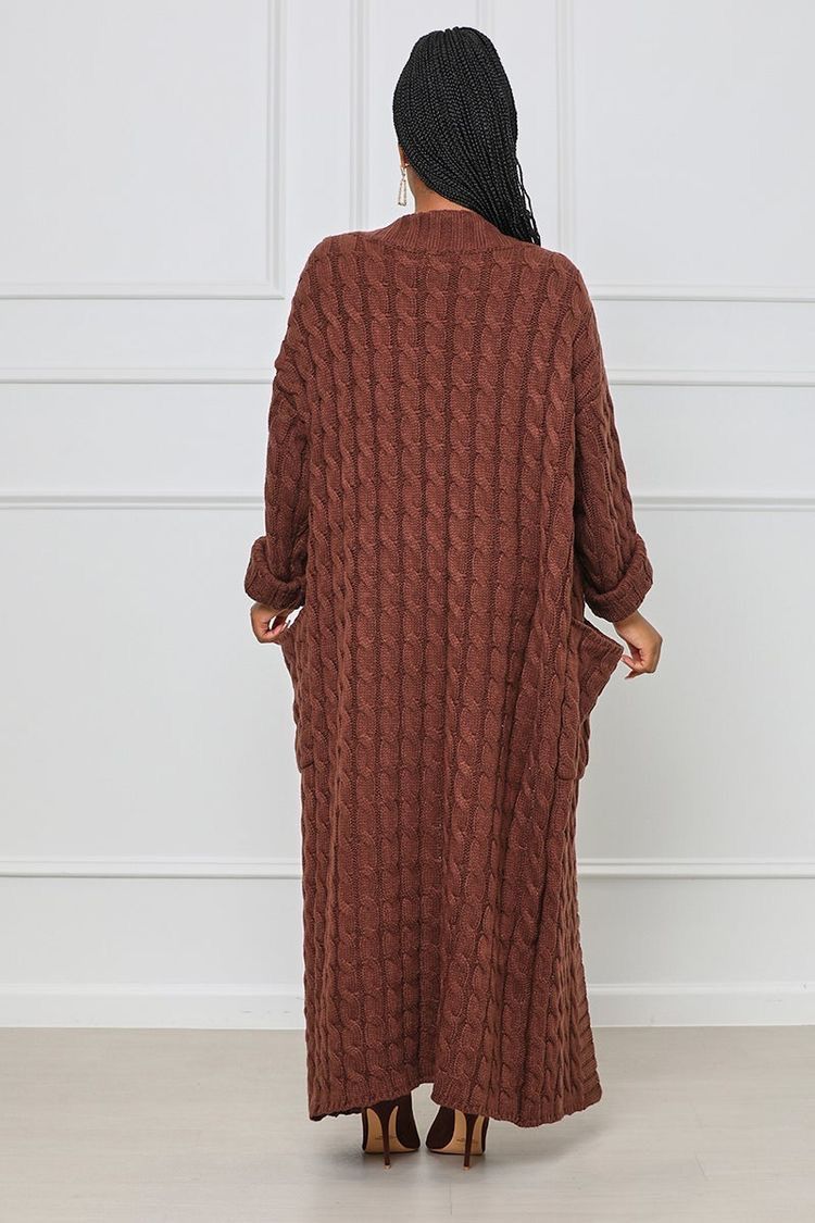 Damenbekleidung Locker gestrickte Strickjacke, gemütliche, übergroße Strickjacke mit Taschen, langer Zopfmuster-Pullovermantel, lockerer Boho-Chic, offene Vorderseite_voghion.com