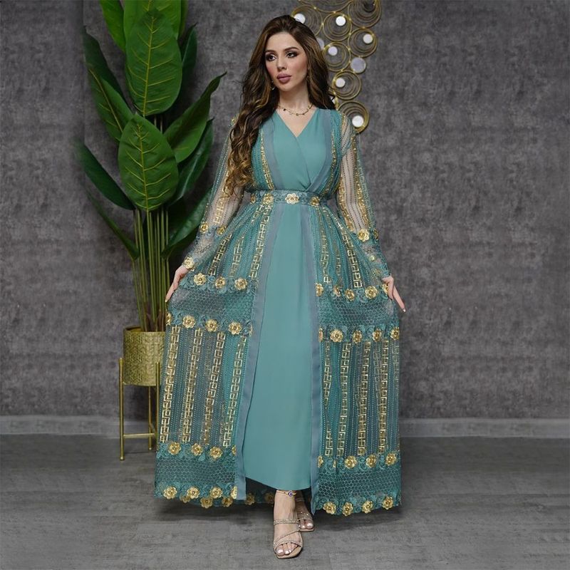 New Muslim Embroidered Mesh Jacket With Chiffon Vest Skirt Suit Kaftan Dress_voghion.com