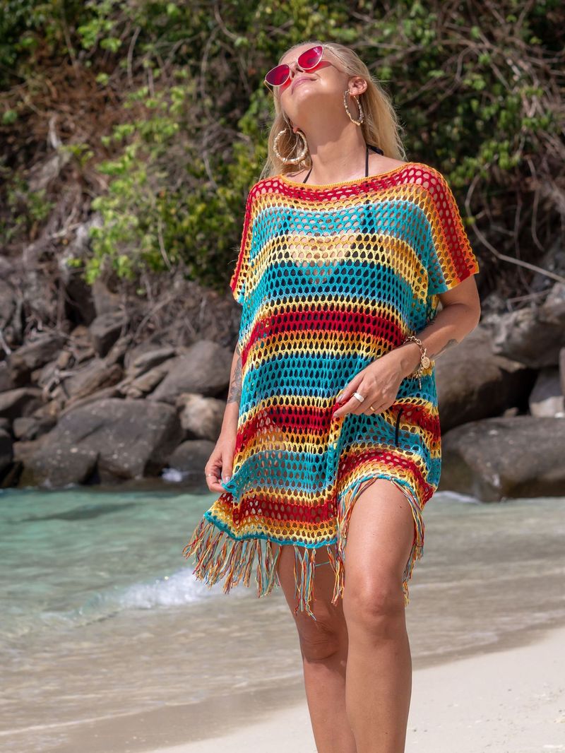 Women's Crochet Fringe Beach Cover Up Short Kimono Bikini Wrap Swimwear Sheer Summer Vacation Boho Chic_voghion.com