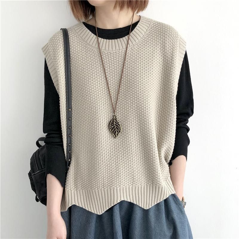 K Women's Knitted Vest; Pure Color, Loose, Round Neck, Irregular Pullover Short Cardigan._voghion.com