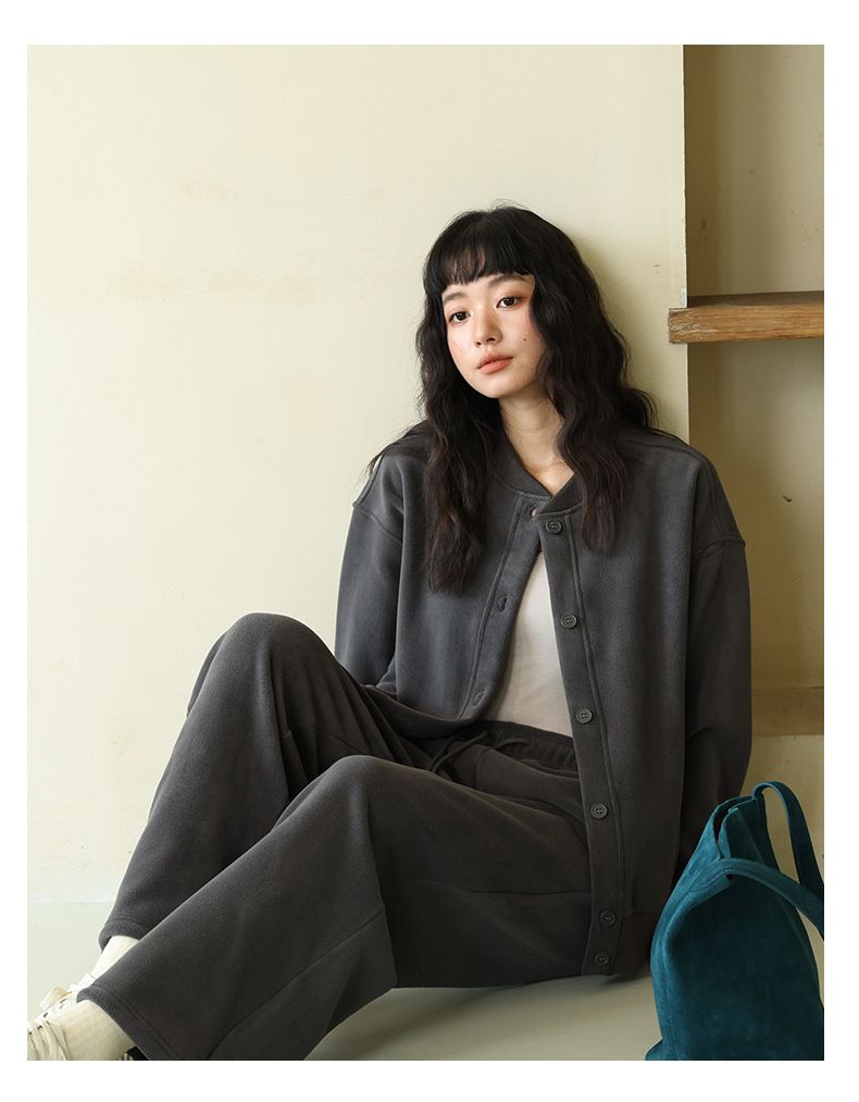 Autumn Winter Solid Color Fleece Button Cardigan Women Korean Style Warm Long Sleeve Top Versatile Slim Fit Casual_voghion.com