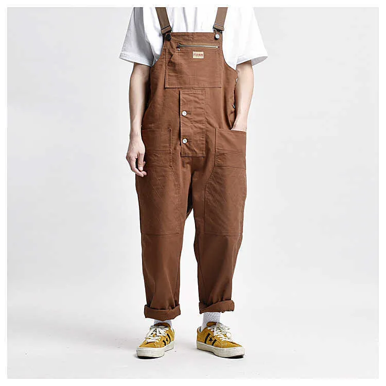 Men's Loose Multi Pockets Cargo Bib Overalls Working Clothing Jumpsuits Jeans Pants Black Military Green Brown T221102_voghion.com