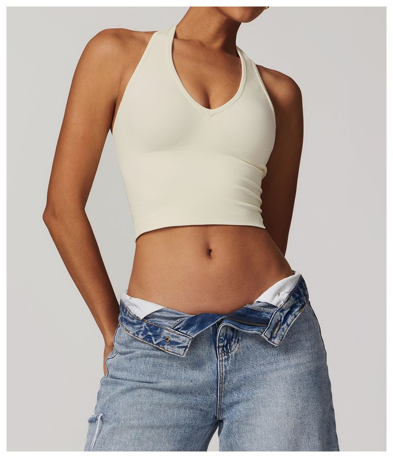 Roupas femininas Respirável Halter Neck Lindas Costas Yoga Sutiã Sem Costura Roupa Interior Esportiva Feminina Verão À Prova de Choque Fitness Top 7725_voghion.com