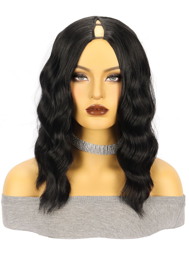 Synthetic Hair Wigs Women's Wigs V PART Black Middle Parted Short Curly Hair Water Ripples Synthetic Head Wigs_voghion.com