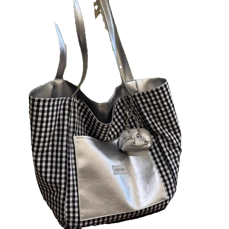 Double-Sided Silver Women's Tote Bag 2025 Fall/Winter New Black Checkered Large Capacity Bag_voghion.com