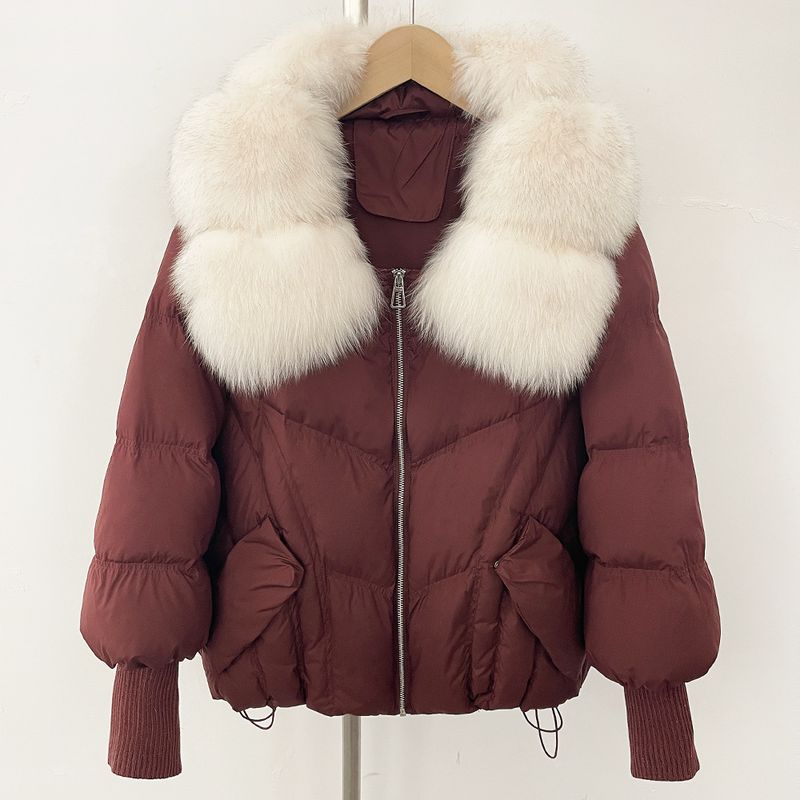 Giacca di lusso con collo in pelliccia di volpe per donna – Cappotto in piuma d'anatra bianca di alta qualità, capospalla invernale spesso e caldo_voghion.com