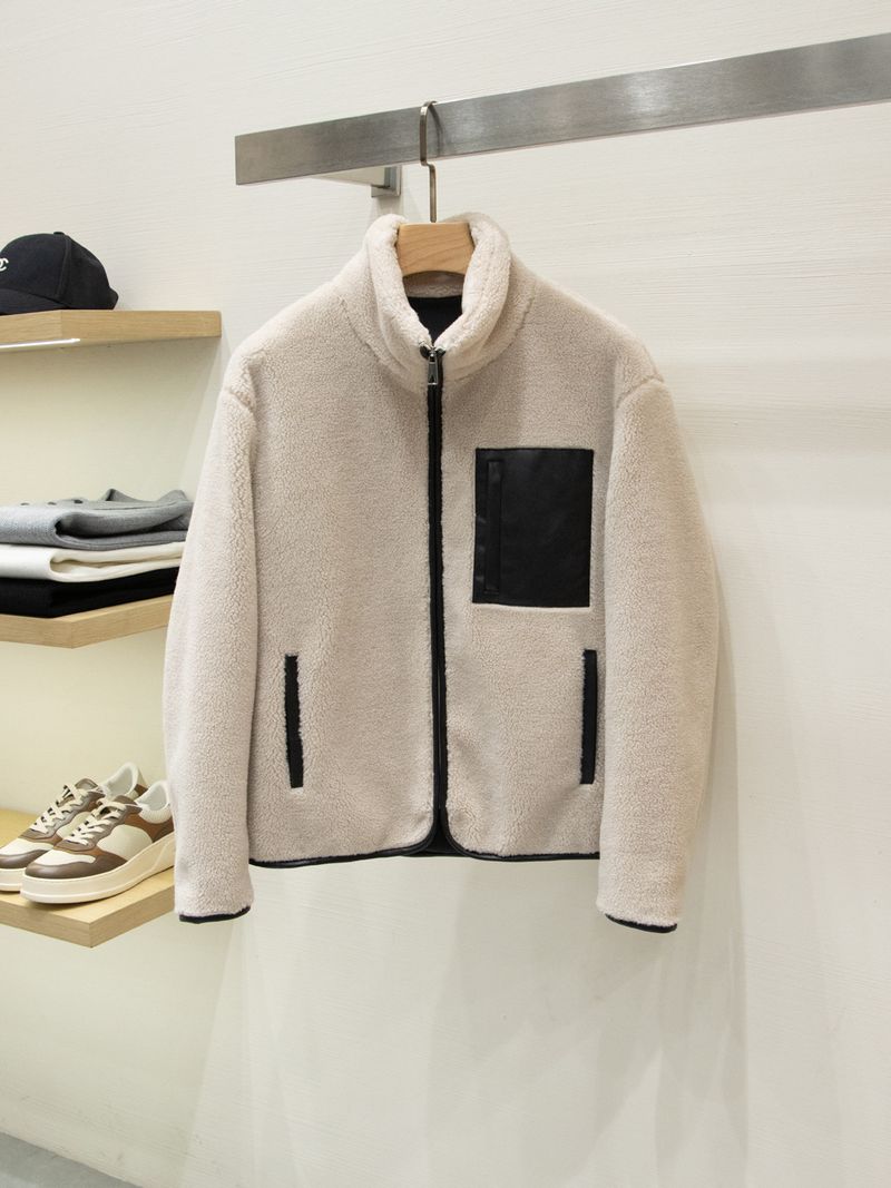 BV Version Lazy And Casual! Sheepskin Patchwork Thickened Men's Casual Stand Collar Wool Jacket_voghion.com