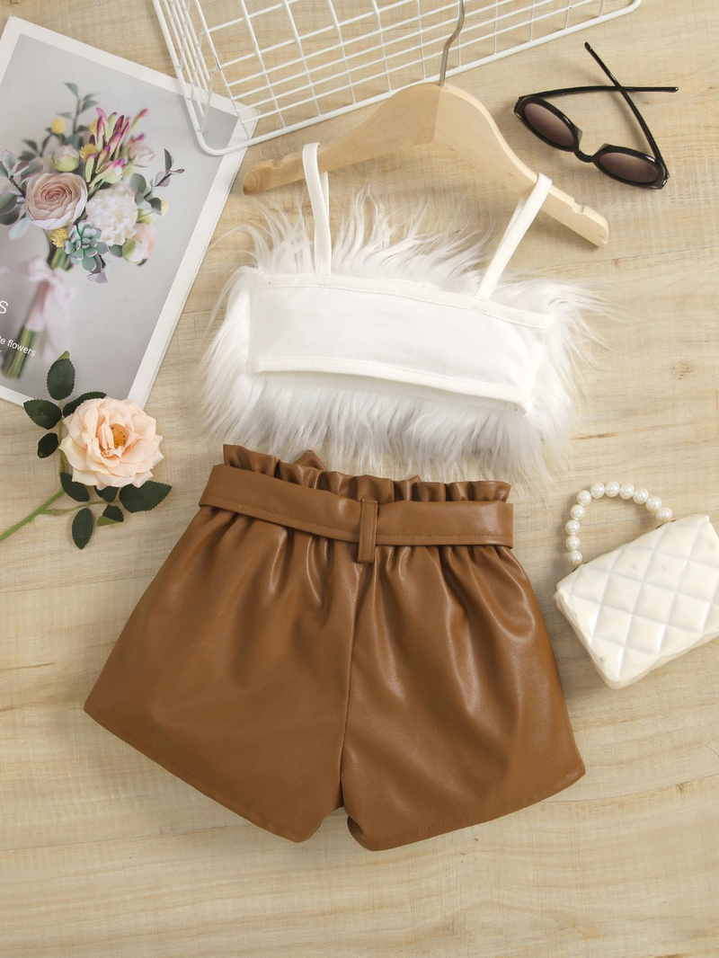 Baby Clothing Furry halter top Solid color open-pocket leather pantsuit with belt_voghion.com