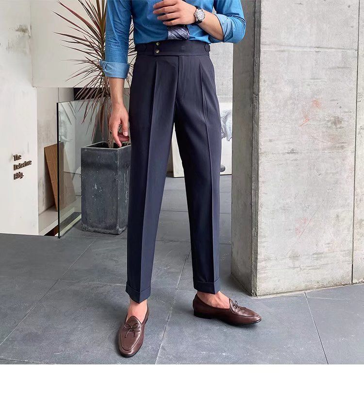 Herrenbekleidung Einfarbige Neun-Punkt-Hose mit hoher Taille Temperament Lässige Business-Hose mit italienischen Pariser Knöpfen Herrentrend_voghion.com