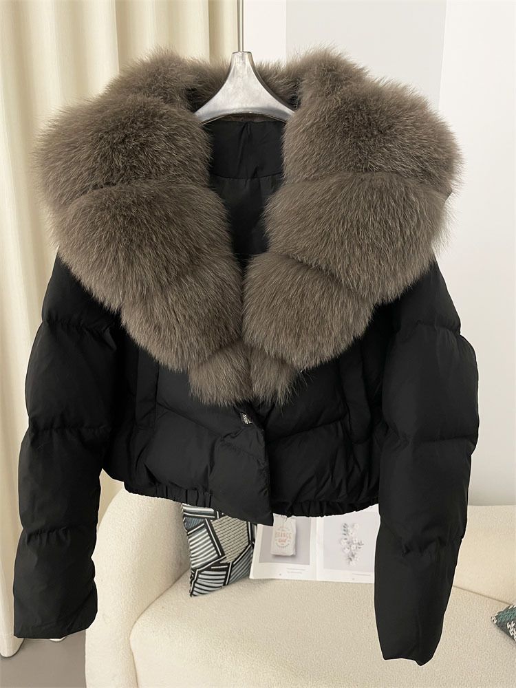 Piumino corto da donna con collo oversize in pelliccia di volpe - Cappotto invernale alla moda con piumino d'anatra bianca, pelliccia staccabile, vestibilità ampia, vari colori_voghion.com
