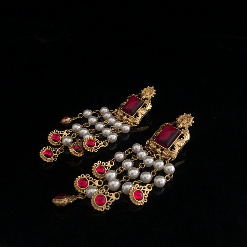 Cam inci çok katmanlı kolye İnci küpe seti abartılı retro uzun saçaklı küpe kolye_voghion.com