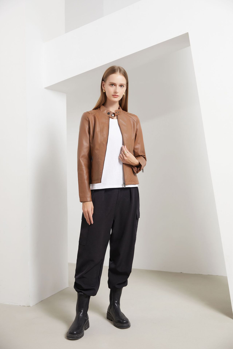 Giacca da motociclista a maniche lunghe, giacca casual in pelle da donna_voghion.com