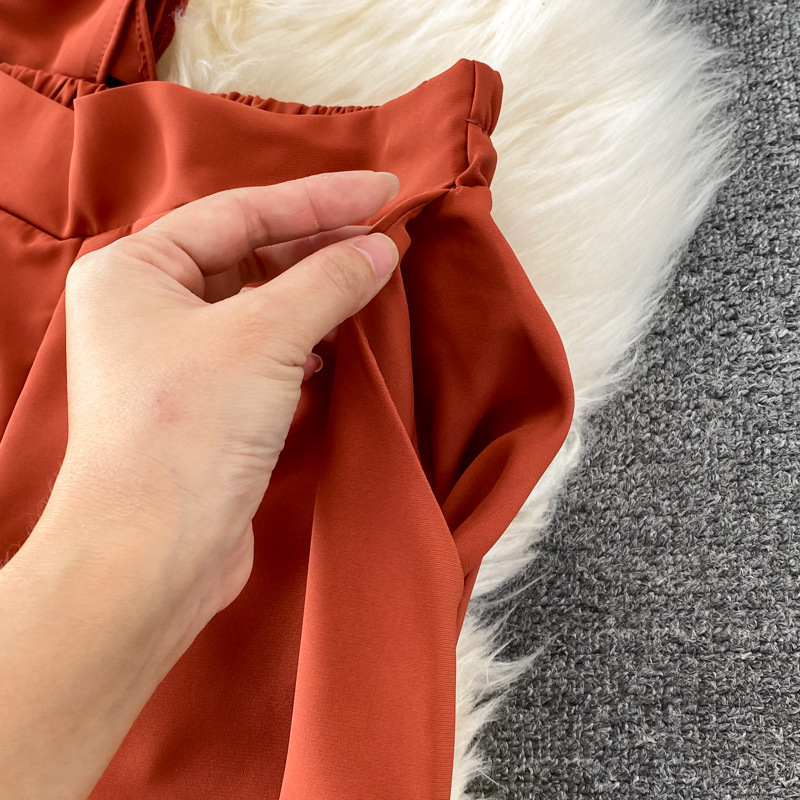 Pantalon décontracté pour femmes, taille haute, drapé, jambes larges, ensemble deux pièces, col carré, chemise courte et slim_voghion.com