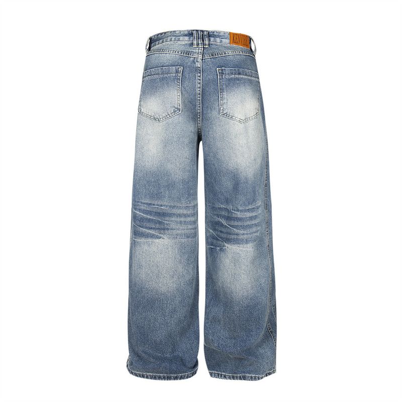 Washed Gradient Jeans For Men Loose Wide-Leg Floor-Length Split Patchwork Design Casual Straight-Leg Pants Trendy_voghion.com