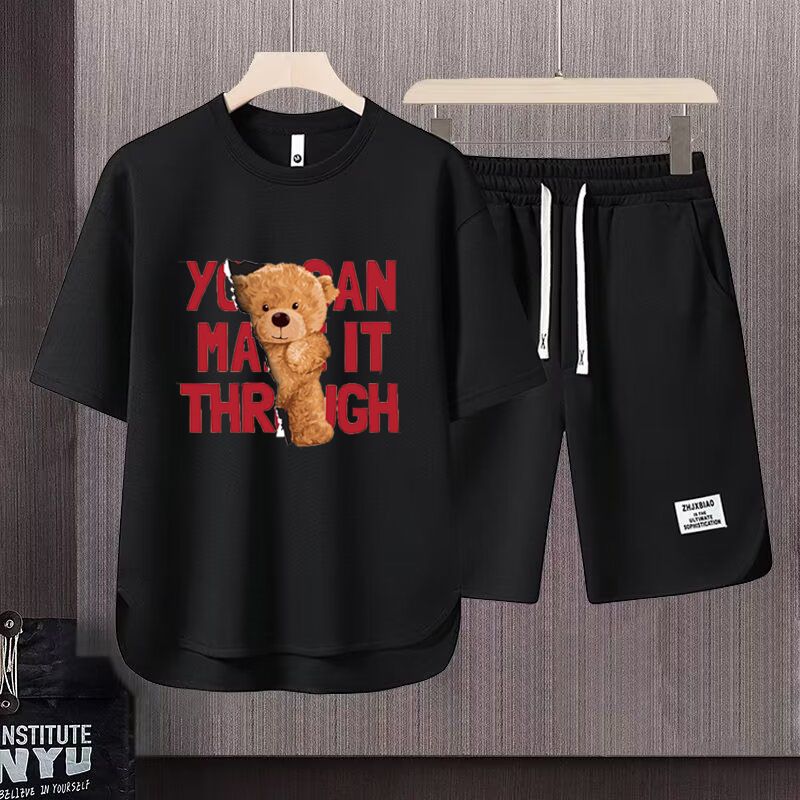 Vêtements pour hommes 2024 gaufré décontracté costume d'été hommes ample adolescent à manches courtes t-shirt Shorts beau deux pièces costume_voghion.com