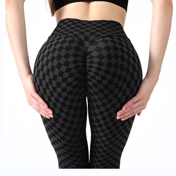 Pantalon de yoga Yiwu à carreaux imprimés multicolores pour femmes, pantalon froissé, rehausseur de hanches, amincissant, à séchage rapide, best-seller_voghion.com