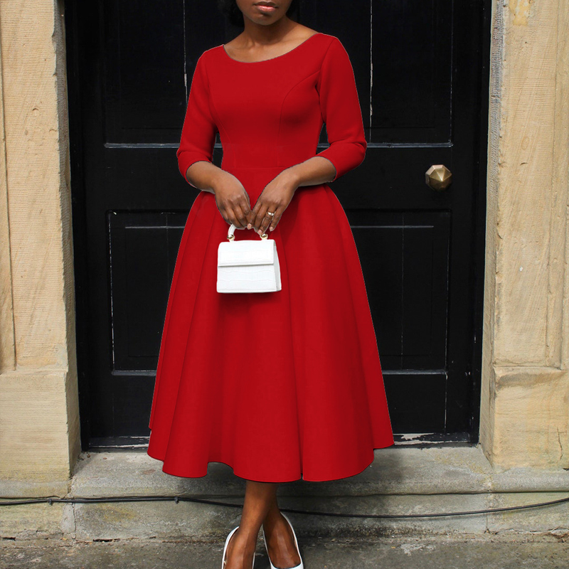 Women's solid color large swing skirt temperament evening dress skirt_voghion.com