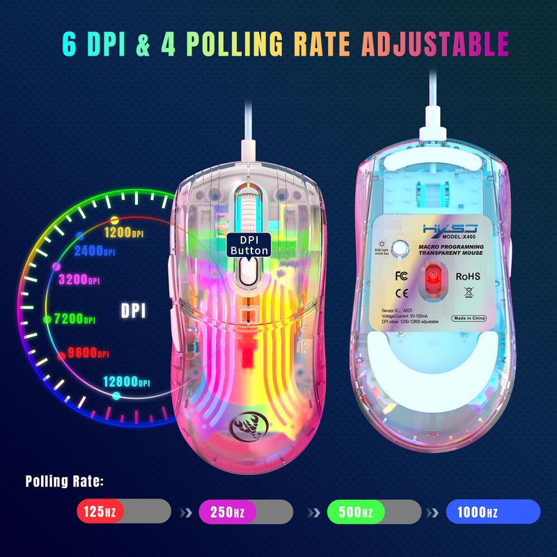 Transparente kabelgebundene Gaming-Maus, 7-Tasten-Makroprogrammierung, geflochtenes Kabel, 12800 dpi RGB-Hintergrundbeleuchtung, eSports-Maus_voghion.com