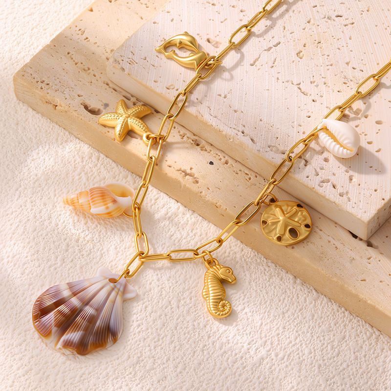 Necklace Women Golden Pendant Necklace Fashion Beach Style Turtle Conch Accessories For Women, Light Luxury High-End Feel, Non-Fading Titanium Steel_voghion.com