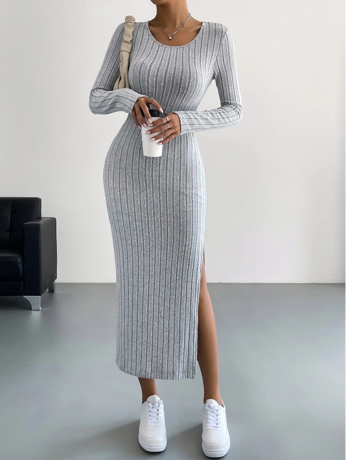 Neues Herbst- und Winterkleid für Damen in einfarbiger Langarm-Rundhalsausschnitt mit Schlitz_voghion.com