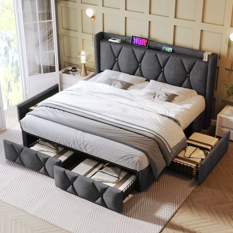 Cadre de lit double avec rangement 140 x 200 cm, avec port USB, tête de lit capitonnée et 4 tiroirs, sommier à lattes en bois gris (avec matelas)_voghion.com