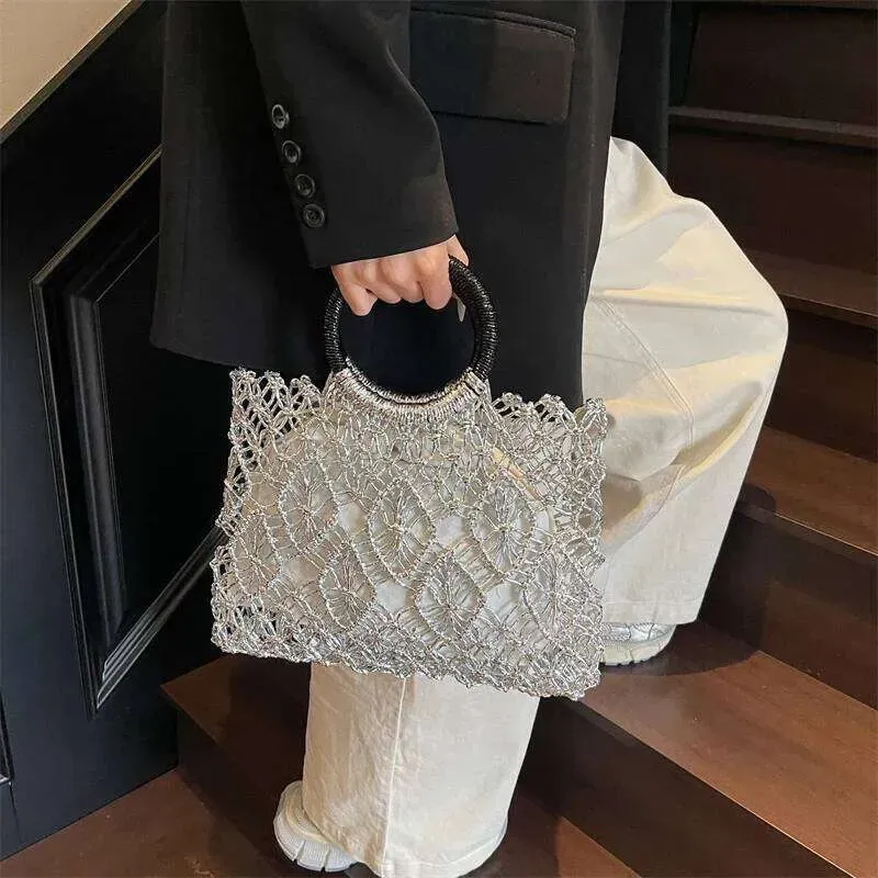 Handmade Woven Design Round Handle Handbags For Women Eco-Friendly Craft Paper Hollow-Out Designer Top-Handle Bags Bag_voghion.com