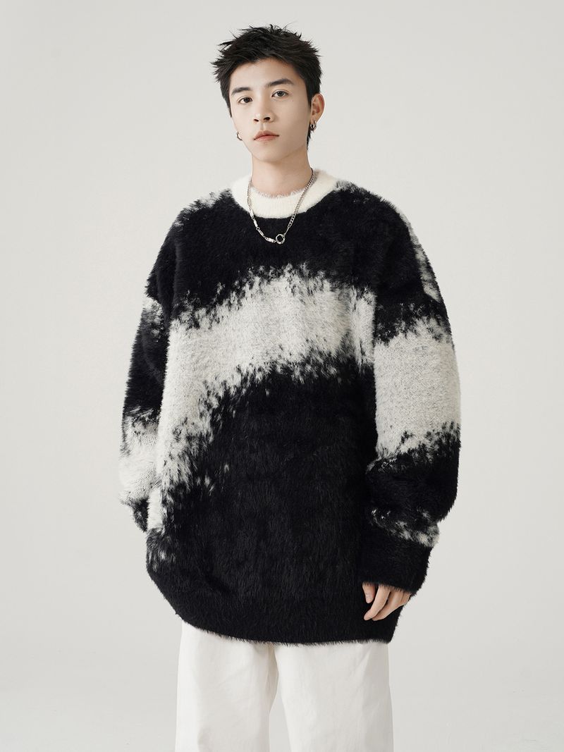 Suéter masculino de lã vison tie-dye com blocos de cores - Pulôver aconchegante e estiloso para o inverno, casual e moderno._voghion.com