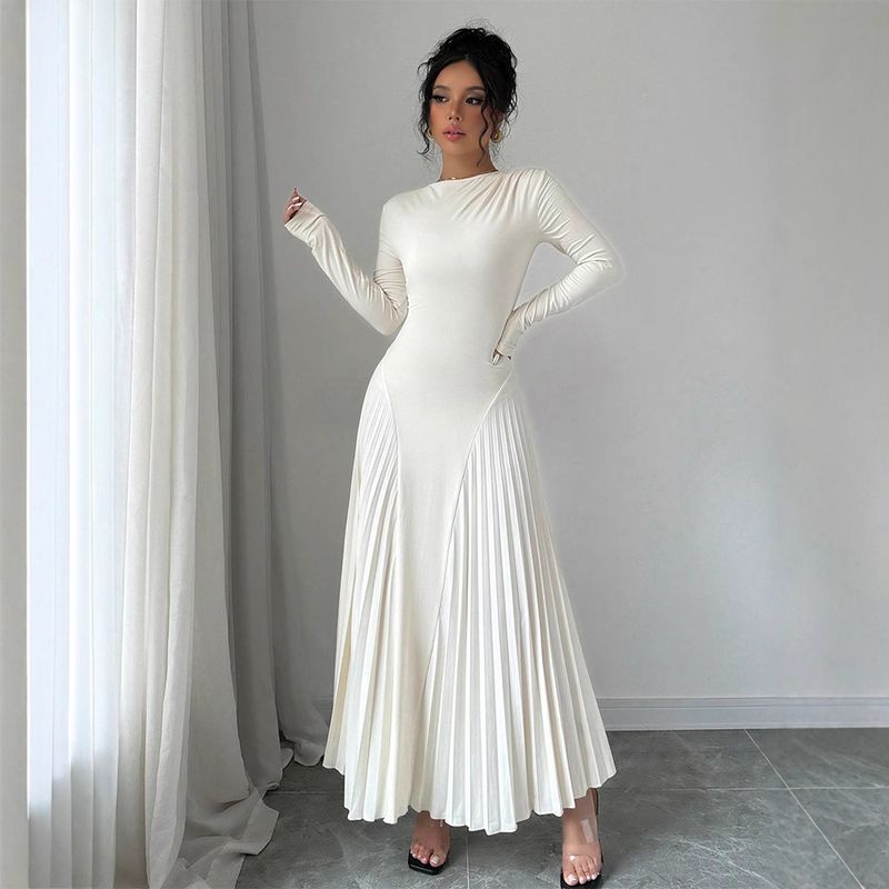 Nuovo abito plissettato a maniche lunghe lavorato a maglia, gonna lunga, elegante, sottile, versatile, alla moda_voghion.com