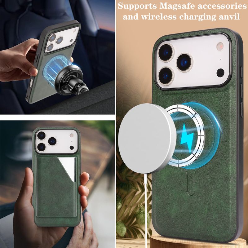 Reinforced Ring Magnetic Card Wallet Case For IPhone 17 Pro Max Air 16 Pro 15 14 Plus 13 12 Wireless Charging Leather Flip Cover_voghion.com