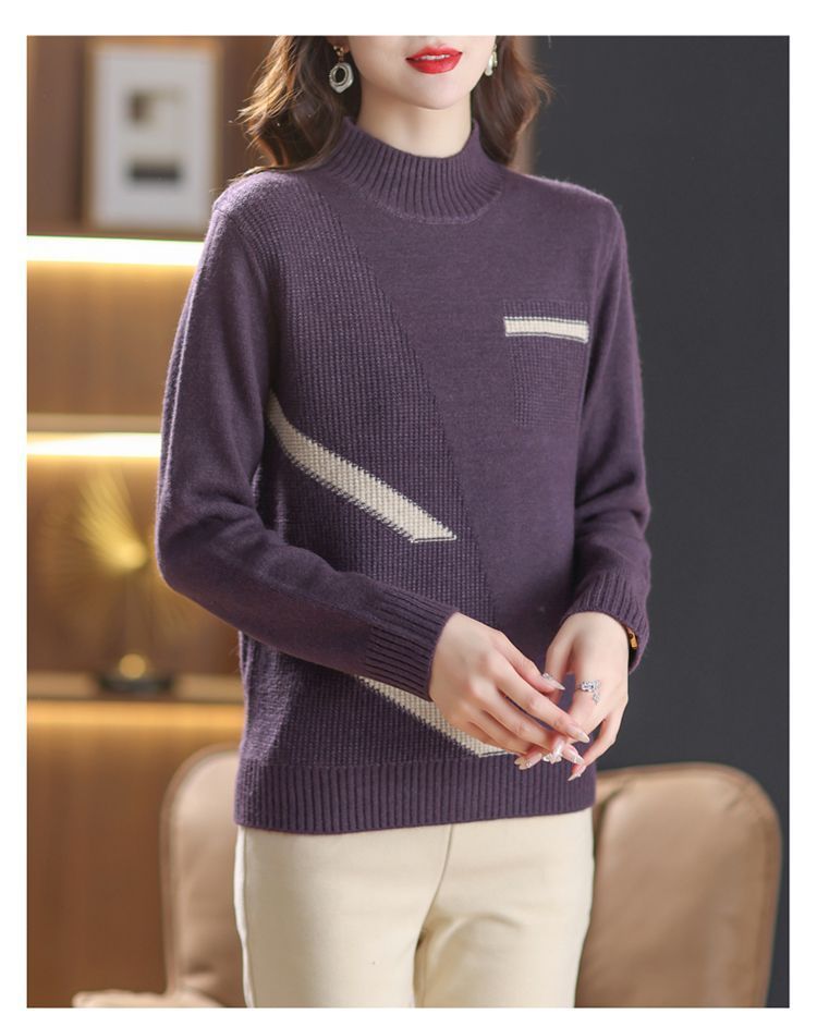 【 Cashmere Family 】 Halbhoher, kurzer Stil, lockerer Wollpullover für Mütter mittleren Alters, Strickpullover für Damen_voghion.com