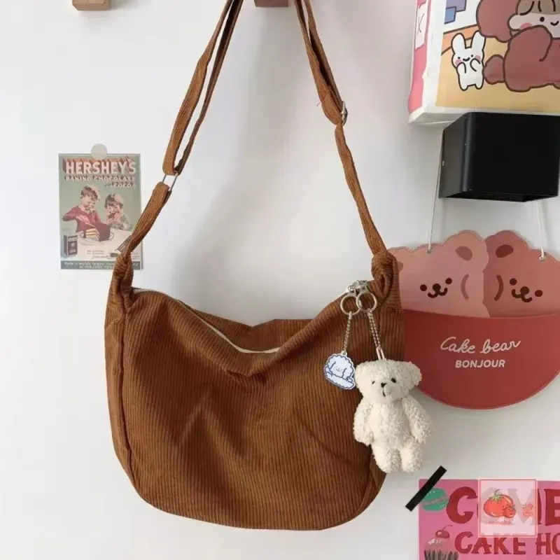 Borsa a tracolla in velluto a coste tinta unita, alla moda, casual, coreana, grande capacità, stile pigro, da donna, 250314l_voghion.com