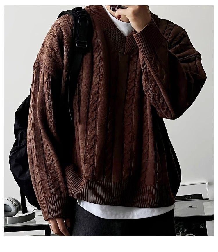 Maglione marrone a trecce con scollo a V per uomo, maglione casual autunnale Melad, maglietta Lazy Base_voghion.com