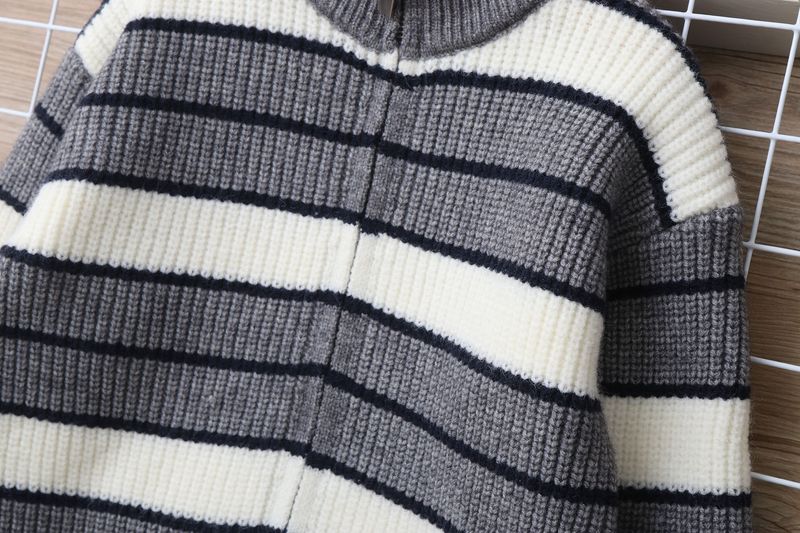 Strickjacke aus Lammwolle für Mutter und Kind, weicher, warmer Strickpullover für große Kinder (ab 8 Jahren), gestreiftes Design, lange Ärmel, Stehkragen (Grau/Marineblau)_voghion.com
