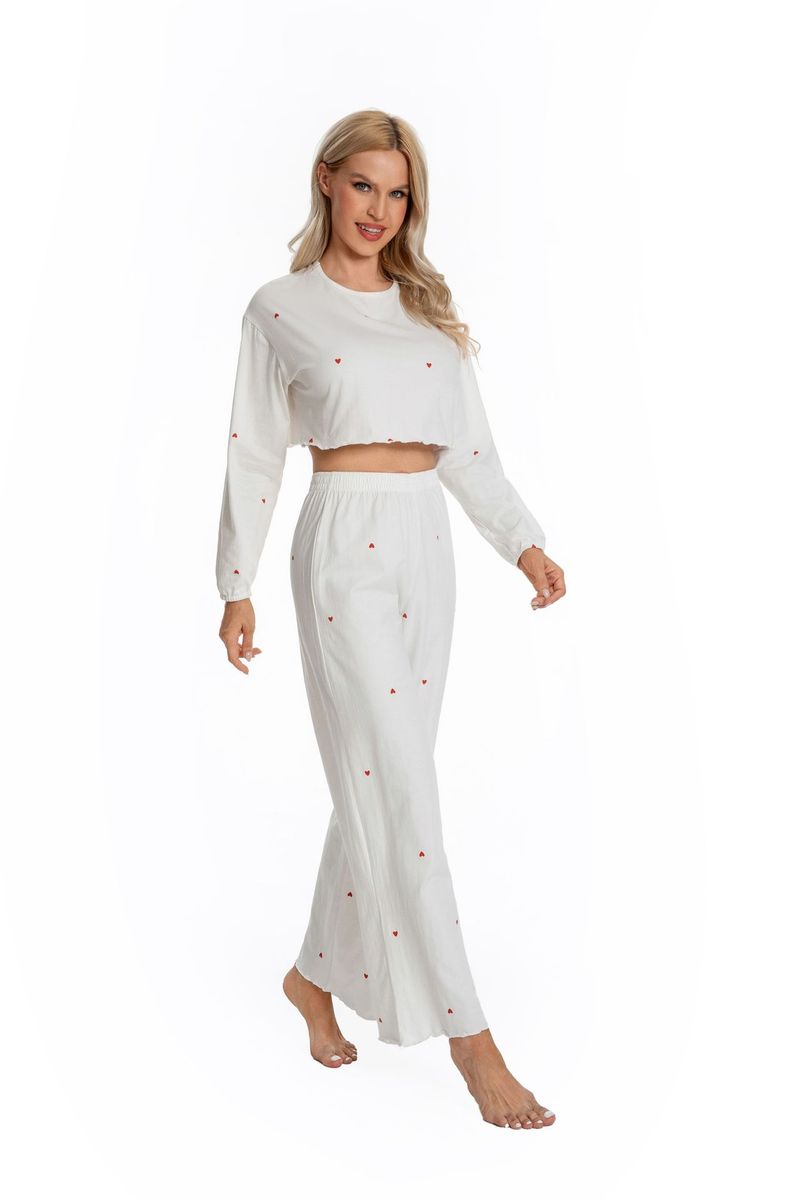 Overseas Version OZON Heart Print Crop Top Sleeve Long Pants Loose Cotton Stretch Pajamas_voghion.com