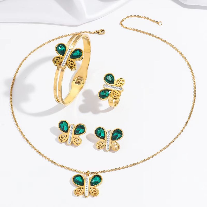Jewelry Sets Necklace For Women, New Fashion, Simple Emerald Butterfly Temperament Earrings And Bracelet, Stainless Steel Set_voghion.com
