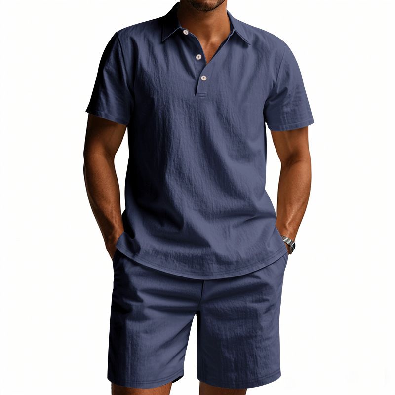 Ensemble polo et short de plage à manches courtes pour homme, style américain, ample, décontracté, respirant, en lin_voghion.com