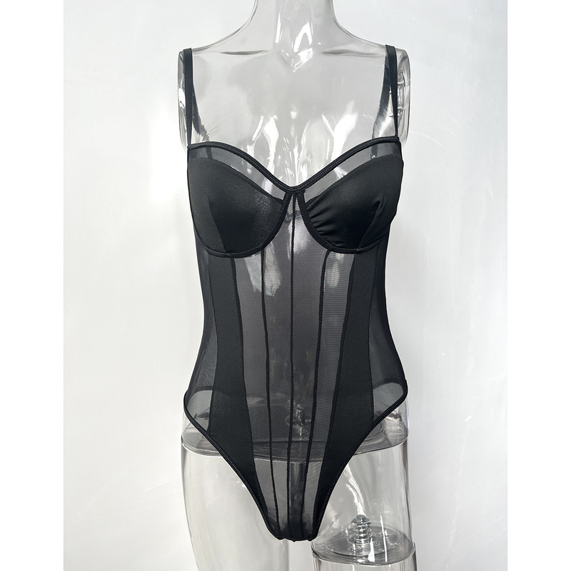 Mono sexy transparente con retazos de malla de encaje sin espalda para mujer_voghion.com