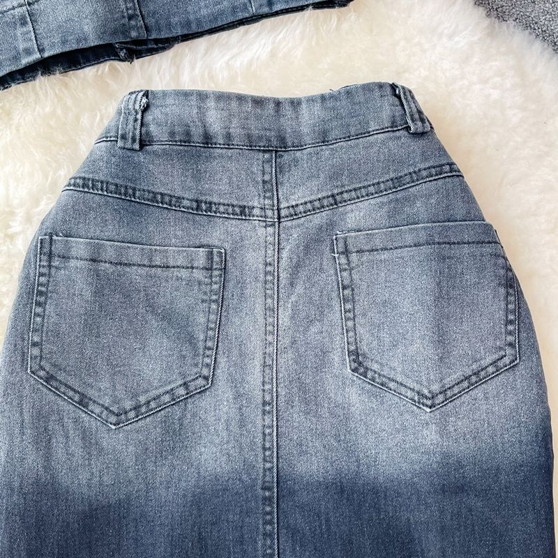 Gonna in denim da donna, lunghezza media, vita alta, spacco, gonna lunga a trapezio, gonna alla moda, completo due pezzi, top corto a vita alta_voghion.com