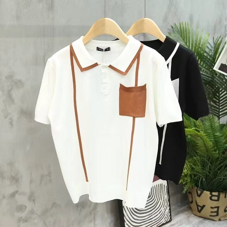 Polo estiva a righe da uomo, versatile, in seta ghiacciata fresca e a maniche corte, semplice e alla moda, con scollo rotondo._voghion.com