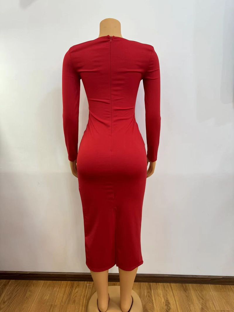 Abito da donna a maniche lunghe, sexy, con scollo a V, con gonna a mezza lunghezza e fascia a diamante, abito da banchetto_voghion.com