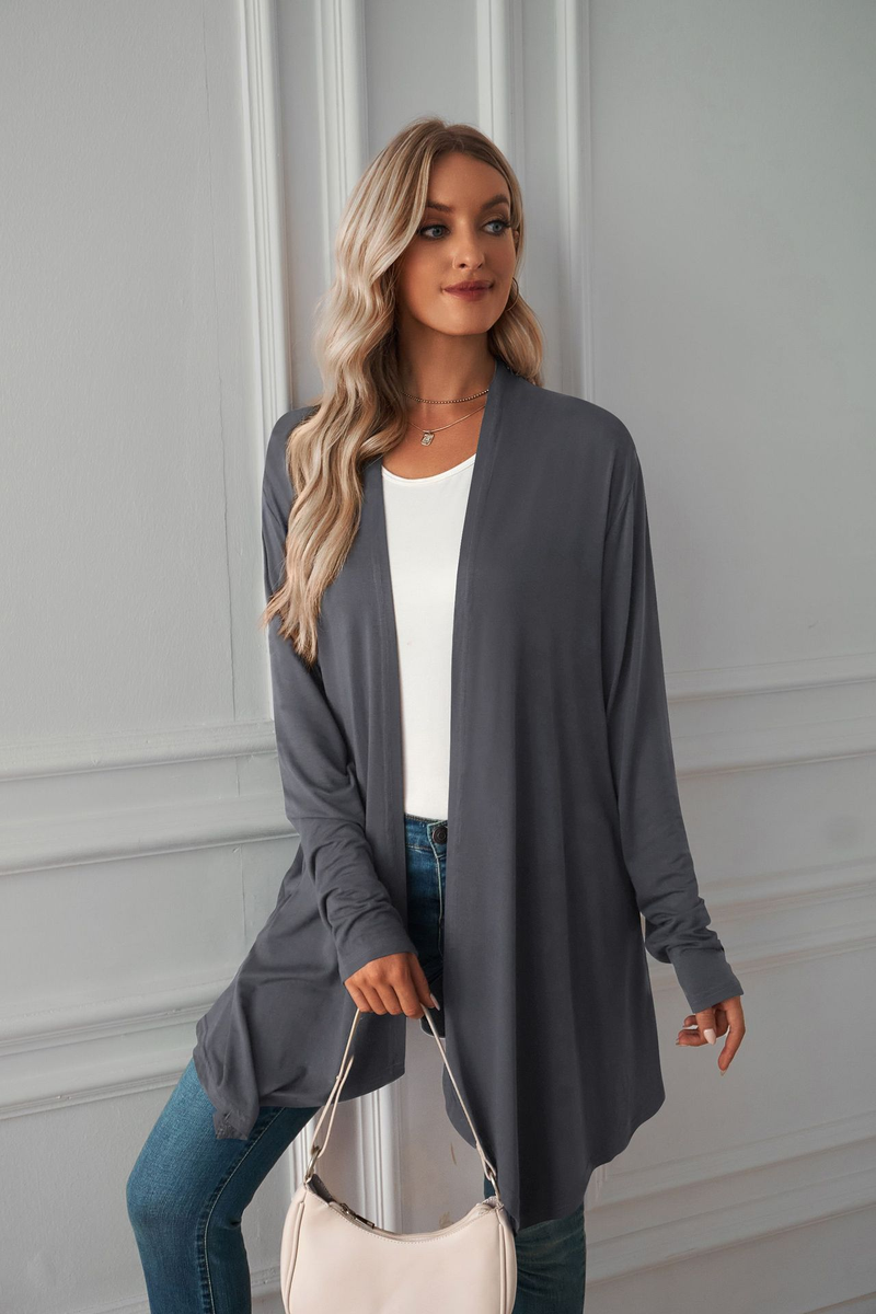 Damen-Strickjacke, einfarbig, langärmelig, Mantel, langes, lässiges Oberteil_voghion.com