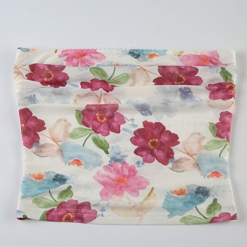 Damenbekleidung für Mädchen, pastoraler Stil, Blumendruck, plissiertes Netz-Tube-Top, süße Mode, sexy Spitze, Taillenform, kurzes Top_voghion.com