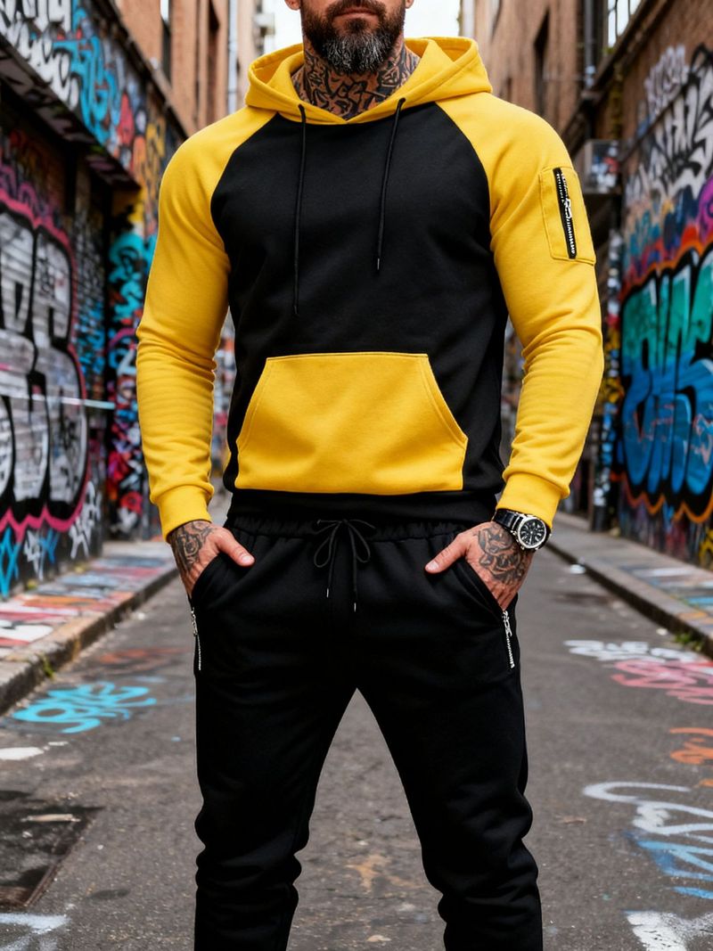 Felpa con cappuccio in pile e jogger in velluto e colori coordinati per uomo - Completo due pezzi a blocchi di colore per sport invernali e abbigliamento casual_voghion.com