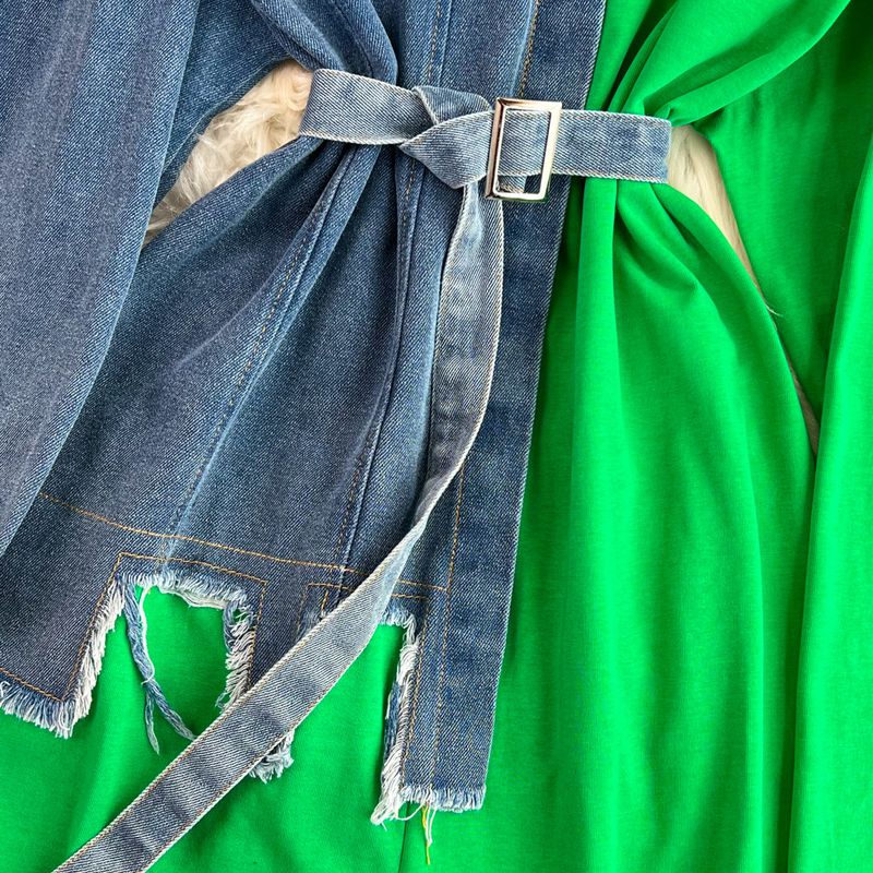 Abbigliamento da donna temperamento vita con cintura colore abbinato denim casual abito T-shirt di media lunghezza_voghion.com