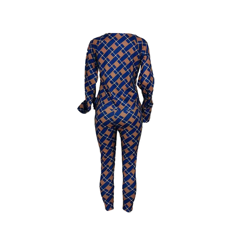 Explosieve losse blouse met lange mouwen en geruite broek, tweedelige set_voghion.com